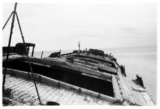 Person standing on the bow of a wrecked ship