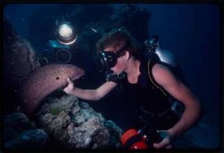 Diver holding a moray eel