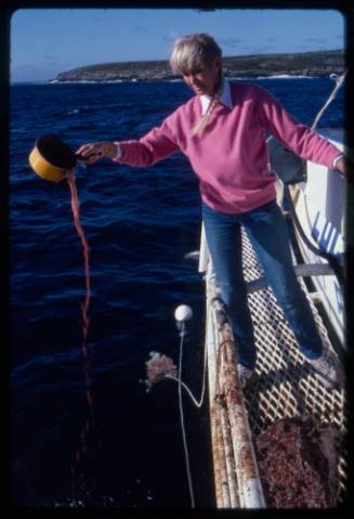 Valerie Taylor pouring shark bait over the side of a boat