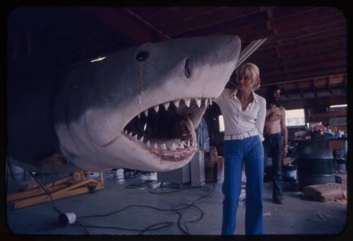 Valerie Taylor standing next to a large scale model of a great white shark made for the filming of "Jaws"