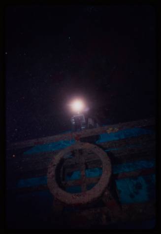 Diver above a submerged cage taking a photo