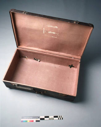 Brown suitcase belonging to Peter Menger used on voyage from Rotterdam to Melbourne on the AURELIA