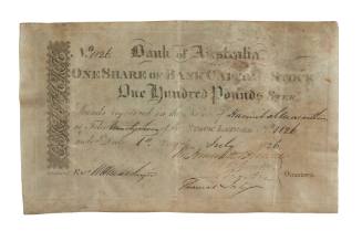 Bank of Australia Share certificate held by Captain George Bunn dated 1826, issued to Hannibal Macarthur