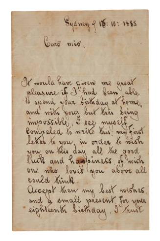 Love letter from Alfred Erlemann to Eliza Marshall on her 18th birthday