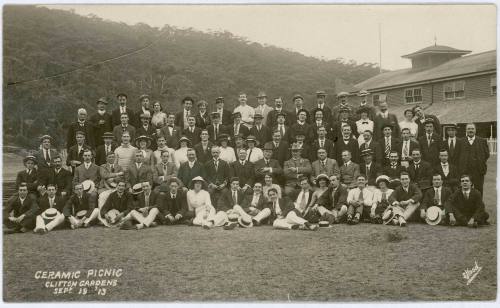 Photograph depicting a group photo of the crew of  CERAMIC at picnic