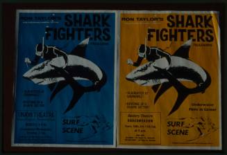 Two posters advertising screenings of Ron Taylor's "Shark Fighters Programme" held at two different locations, left poster with blue background, right poster with yellow background