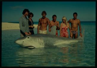 Shot of group people standing in shallow water with floating large prop shark