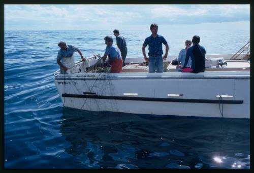 Side view of stern of fishing boat with six people, two holding net overboard in water