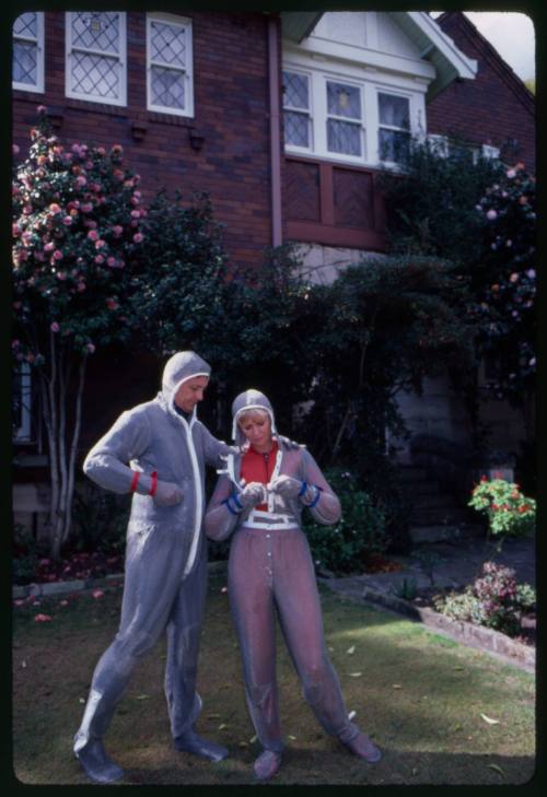 Behind the scenes image from the television feature, Operation Shark Bite, that documented Ron and Valerie Taylor testing the efficacy of the chainmail suit (mesh suit) against shark bites.  