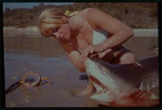 Shot of person holding snout of bloodied shark up revealing teeth on sand at water's edge