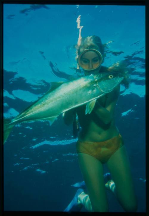 Underwater shot of Valerie Taylor holding a caught fish