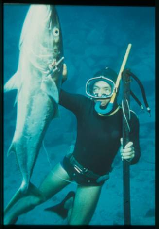 Underwater shot of freediver holding a speared Kingfish and spear rod