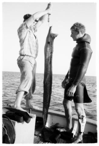 Black and white shot of person standing up holding a hanging weigh scale with eel attached in front of second person both on board boat at sea