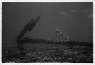 Underwater shot SIRIUS anchor laying horizontal on rocky seafloor with diver swimming beside in background