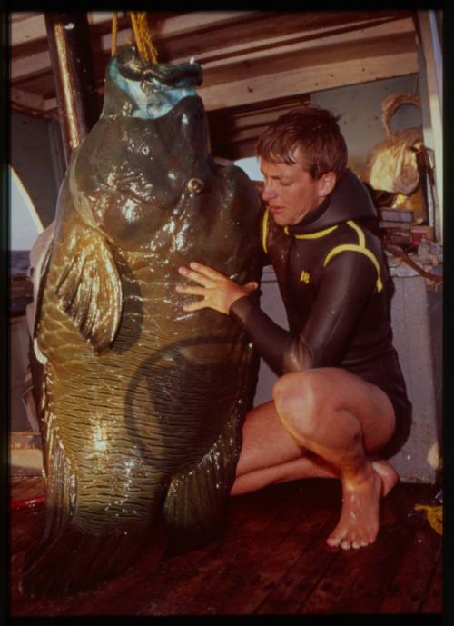 Shot of person crouched holding up a fish on board a vessel