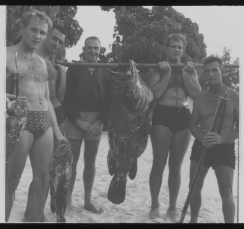 Shot of Ron Taylor helping hold a caught fish hung on a rod amongst four others holding caught fish and a spear rod