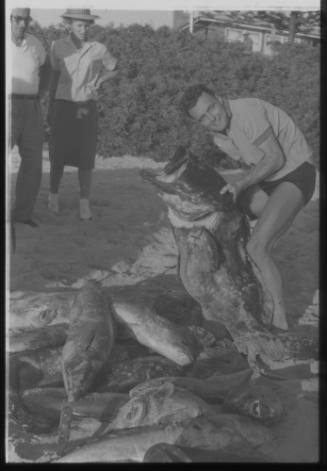 Shot of person Ron Taylor holding a large caught fish standing amongst their catch on the floor at the beach