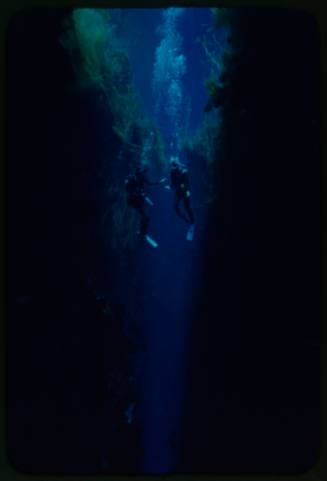 Valerie Taylor and another diver in an underwater crevice
