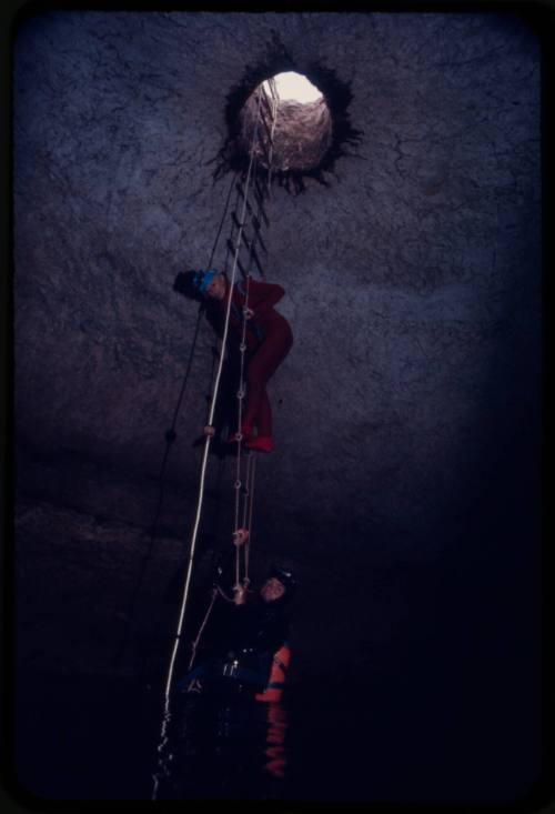 Valerie and Ron Taylor on a rope ladder