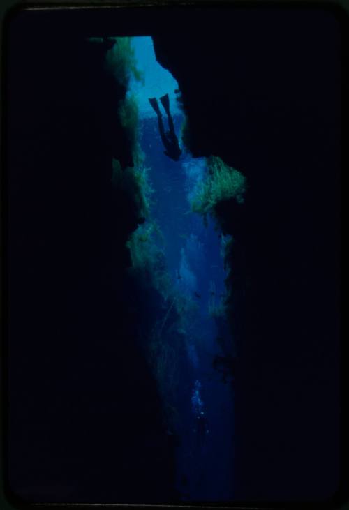 Silhouette of diver going down underwater crevice