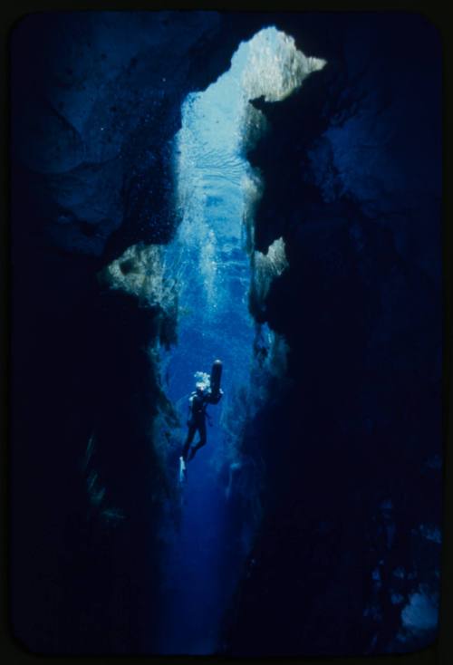 Valerie Taylor underwater inside a sink hole