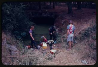 Valerie and Ron Taylor coming out of the water with two men nearby