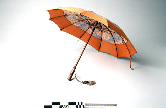 Blue and brown parasol with a floral design