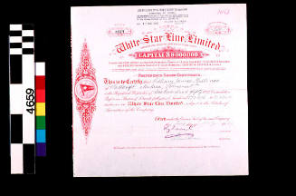 White Star Line.  Preference Share Certificate.  Mr William James Mullings.  250 Pounds of 6.5% Cumulative Preference Shares