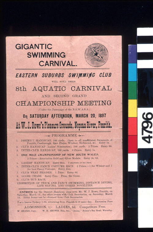 Program for the 8th Aquatic Carnival and Second Grand Championship meeting at W J Rowe's Pleasure Grounds, Nepean River, Penrith