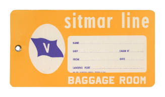 Sail with Sitmar.  Baggage label for items going into the Baggage Room.