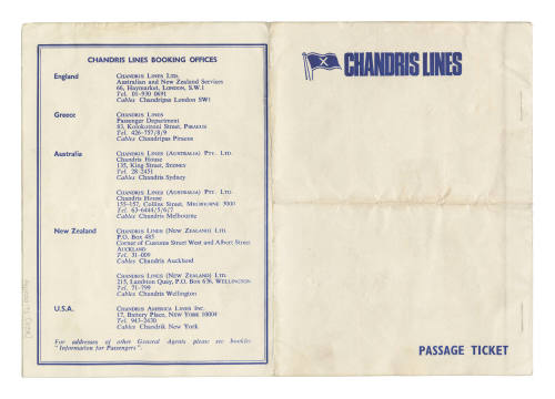 Chandris Lines passage ticket.  30 Nov 1971.  RHMS PATRIS.  Melbourne to Auckland.  Mr and Mrs McLaine.