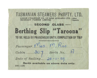 Tasmanian Steamers Pty Ltd SS TAROONA berthing slip for Mrs M Rice, 28 January 1959
