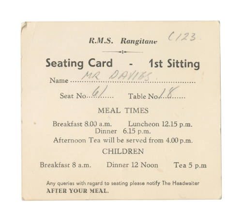 Seating card from RMS RANGITANE