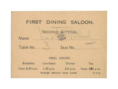 First class saloon seating card