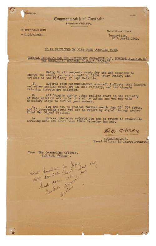 Letter to the Commanding Officer of HMAS COLAC