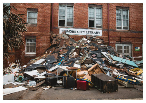 Pile of debris against wall of Lismore City Library