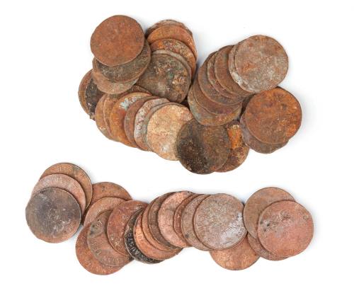 Bag of coins and tokens from the wreck of the DUNBAR