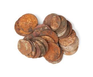 Bag of coins and tokens from the wreck of the DUNBAR