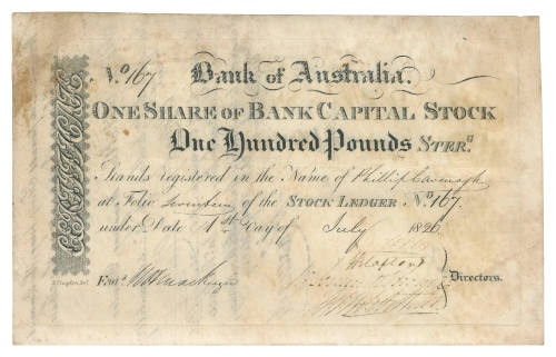 Bank of Australia Share Certificate number 167 issued to Phillip Cavenagh