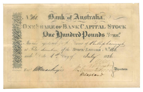 Bank of Australia Share Certificate number 168 issued to Phillip Cavenagh