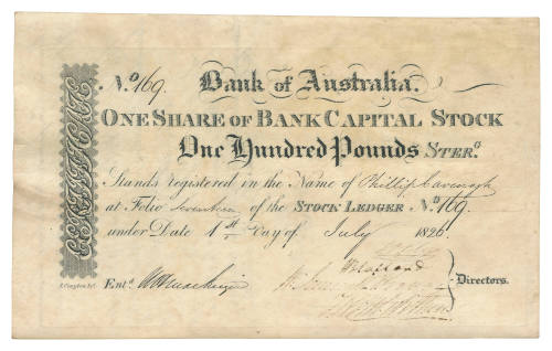 Bank of Australia Share Certificate number 169 issued to Phillip Cavenagh