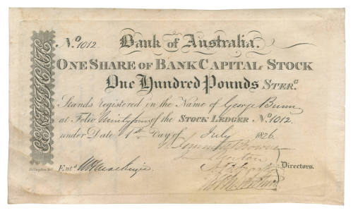 Bank of Australia Share Certificate number 1012 issued to George Bunn