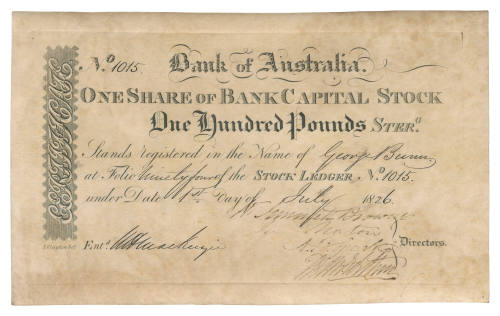 Bank of Australia Share Certificate number 1015 issued to George Bunn