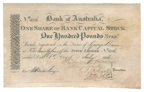 Bank of Australia Share Certificate number 1016 issued to George Bunn