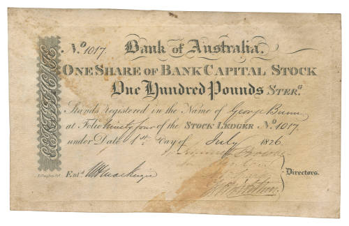 Bank of Australia Share Certificate number 1017 issued to George Bunn