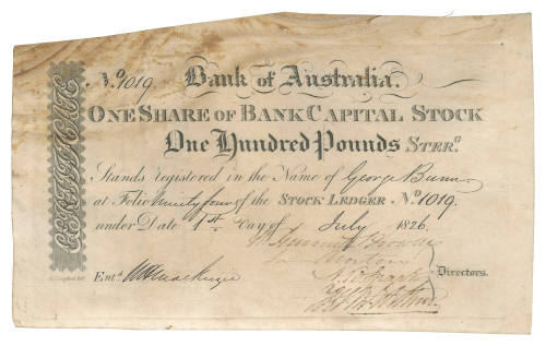 Bank of Australia Share Certificate number 1019 issued to George Bunn