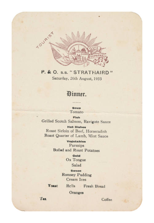 Saturday Dinner Menu on SS STRATHAIRD