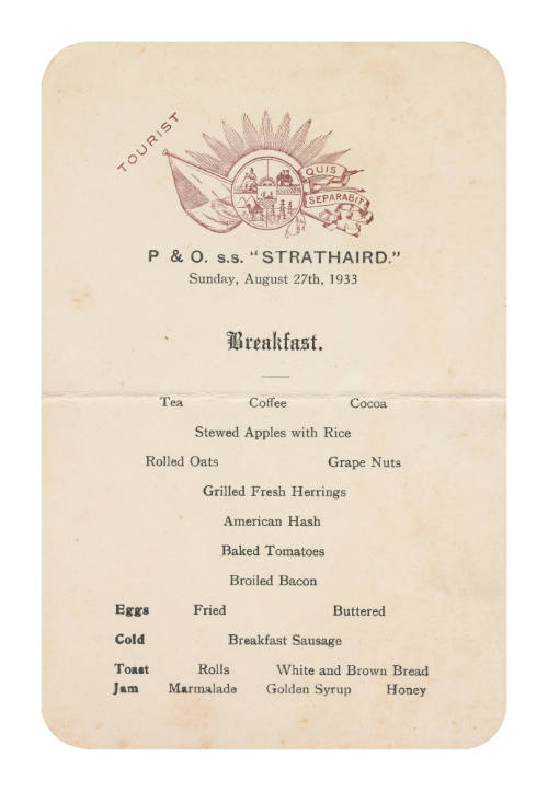 Sunday Breakfast Menu on SS STRATHAIRD