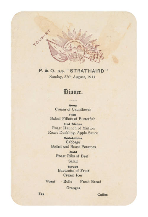 Sunday Dinner Menu on SS STRATHAIRD