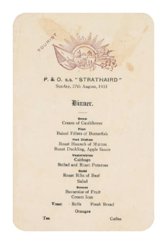 Sunday Dinner Menu on SS STRATHAIRD